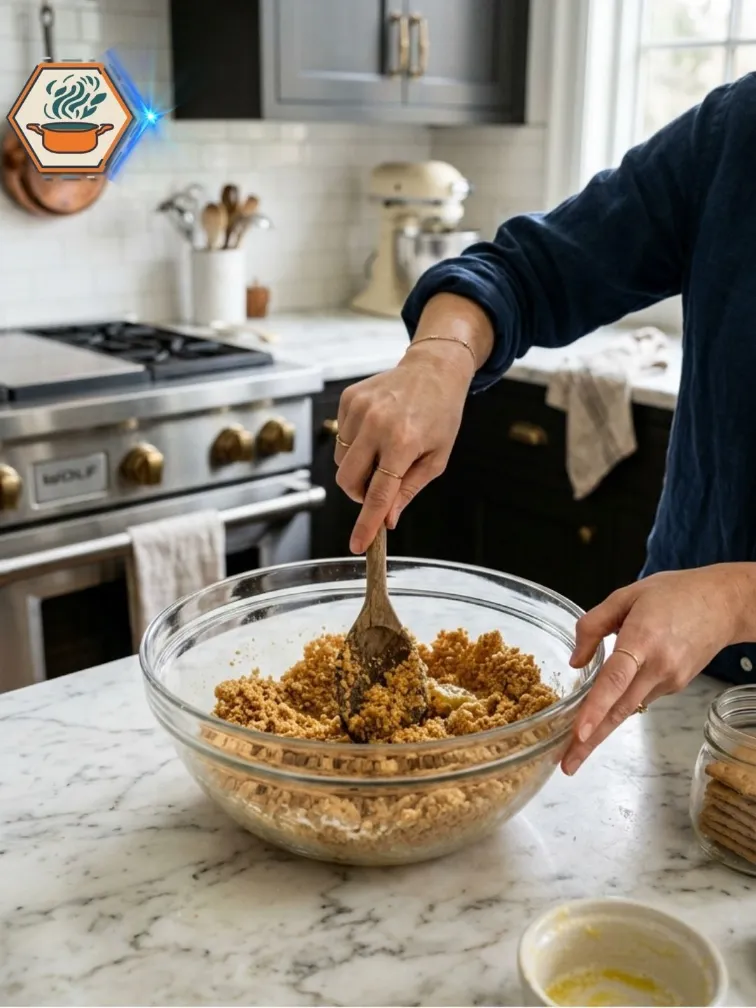 Mixing graham cracker crumbs with melted butter.