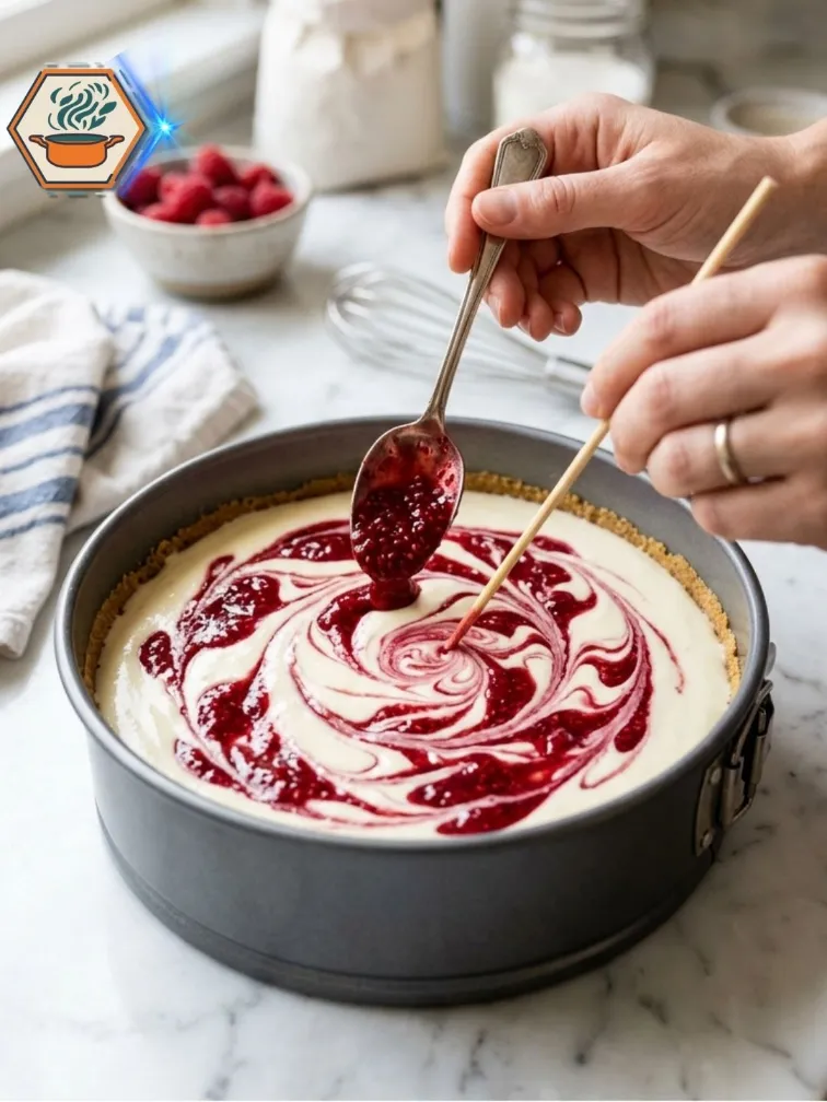 Elegant White Chocolate Raspberry Cheesecake 8 Raspberry sauce swirled into white chocolate cheesecake batter