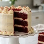 Red Velvet Ribbon Cake with cream cheese ribbon filling on white marble countertop