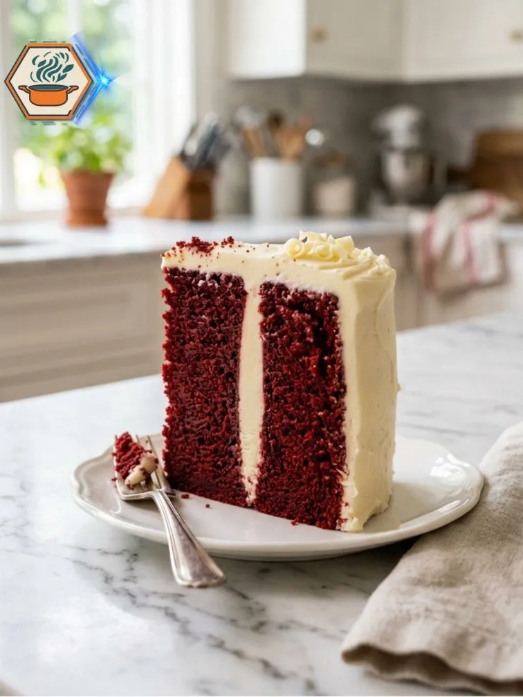 Red Velvet Ribbon Cake Recipe with a Beautiful Cream Cheese Ribbon 4 Close-up slice of Red Velvet Ribbon Cake