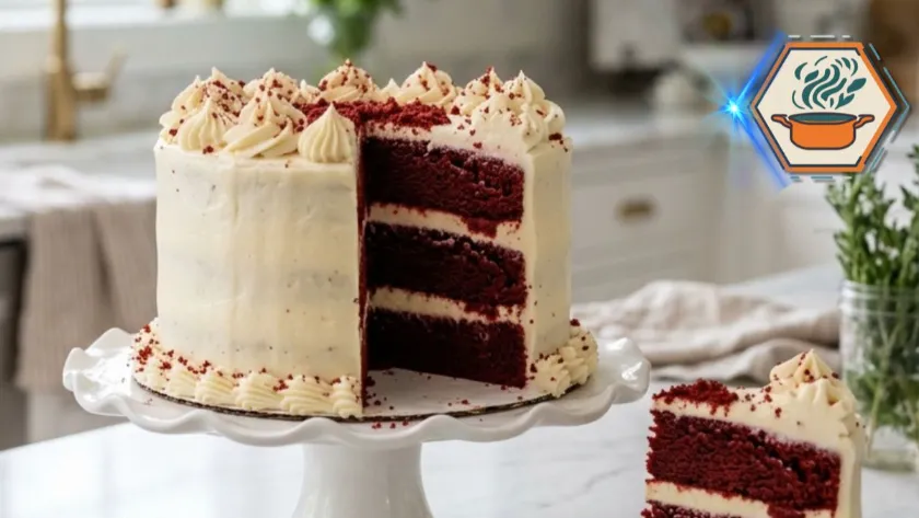 Red Velvet Ribbon Cake Recipe with a Beautiful Cream Cheese Ribbon 3 Red Velvet Ribbon Cake with cream cheese ribbon filling on white marble countertop