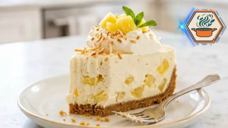 Four-Ingredient Pineapple No-Bake Cheesecake 3 Slice of Four-Ingredient Pineapple No-Bake Cheesecake served on a white dessert plate.