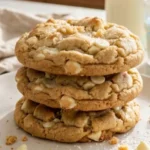 Soft White Chocolate Chip Cookies stacked on a white plate with melted white chocolate chips.