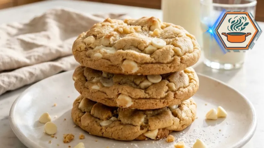 Soft White Chocolate Chip Cookies 2 Soft White Chocolate Chip Cookies stacked on a white plate with melted white chocolate chips.