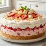 Strawberry Coconut Paradise Lush layered no bake dessert on a white marble countertop.