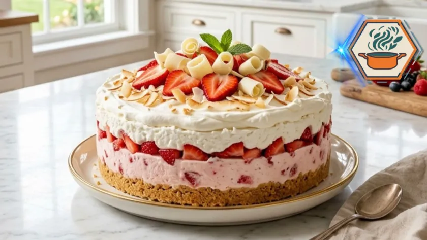 Strawberry Coconut Paradise Lush layered no bake dessert on a white marble countertop.
