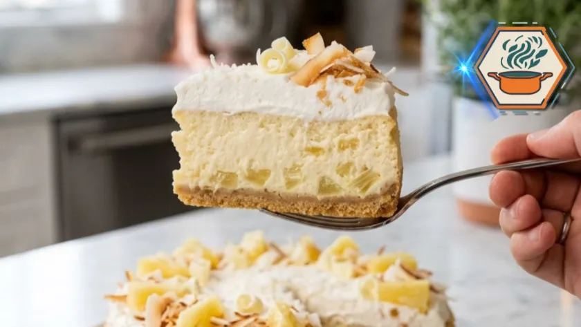 Sugar-Free Creamy Pineapple Cheesecake Recipe 2 Sugar-Free Creamy Pineapple Cheesecake served on a white marble countertop with whipped cream and fresh pineapple.