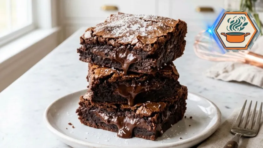 Three-Ingredient Brownies stacked on a white plate with fudgy centers and shiny crackly tops.