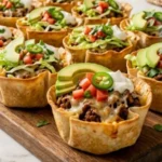 Two-Ingredient Burrito Cups with crispy tortilla shells and melted cheese.