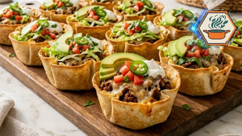 Two-Ingredient Burrito Cups with crispy tortilla shells and melted cheese.
