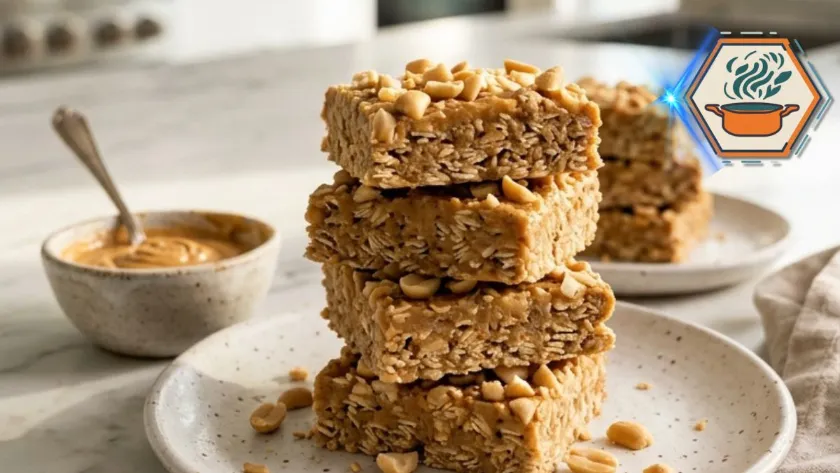 Homemade Two-Ingredient Peanut Butter Oat Bars stacked on a white plate.