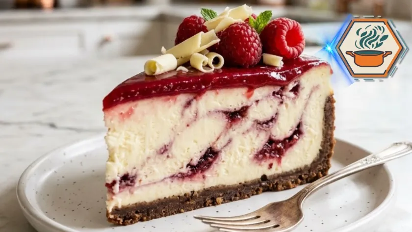 Elegant White Chocolate Raspberry Cheesecake 5 Full white chocolate raspberry cheesecake with glossy raspberry topping