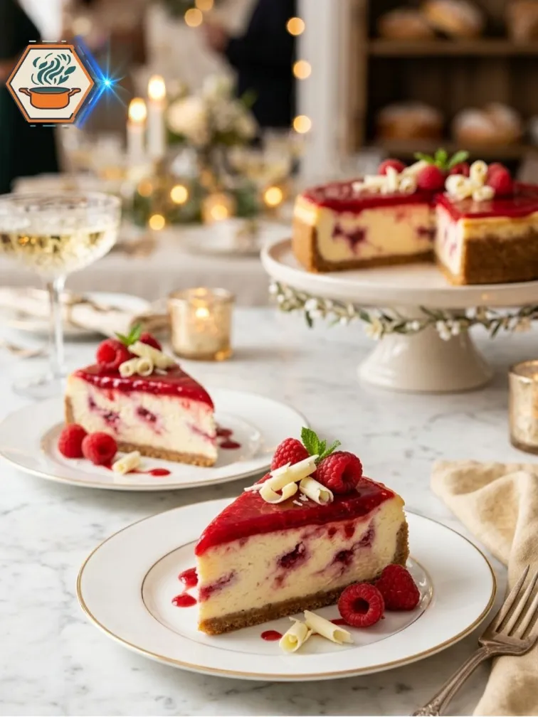 Elegant White Chocolate Raspberry Cheesecake 9 Elegant cheesecake slices served with raspberries and white chocolate curls