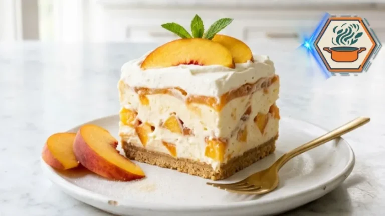 No-Bake Peach Cream Dessert Recipe Everyone Loves 3 Slice of No-Bake Peach Cream Dessert.