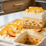 No-Bake Peach Cream Dessert with creamy peach filling and vanilla cookie crust.