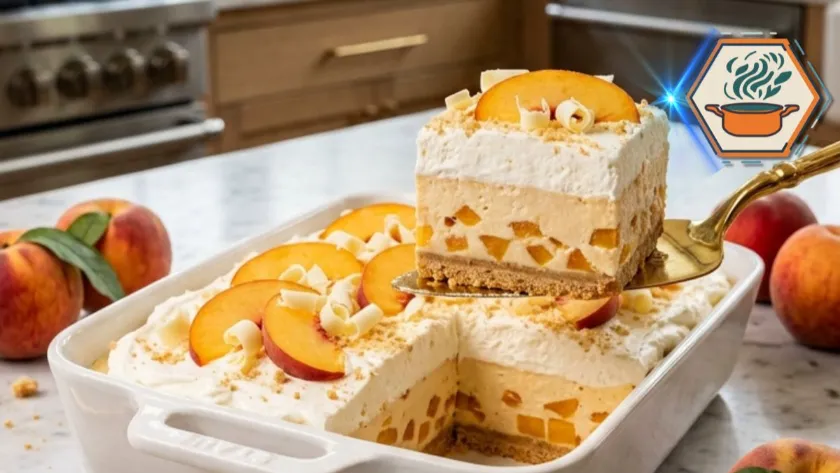 No-Bake Peach Cream Dessert with creamy peach filling and vanilla cookie crust.