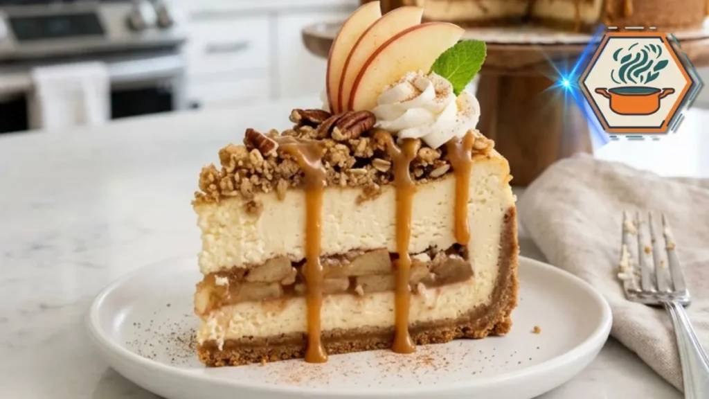 Bakery-style Apple Cinnamon Cheesecake Crunch topped with caramel, oat crumble and cinnamon apples.