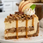 Bakery-style Apple Cinnamon Cheesecake Crunch topped with caramel, oat crumble and cinnamon apples.