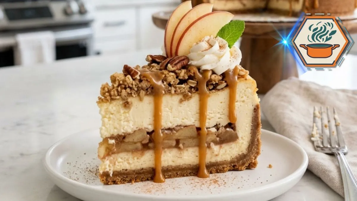 Apple Cinnamon Cheesecake Crunch Recipe 2 Bakery-style Apple Cinnamon Cheesecake Crunch topped with caramel, oat crumble and cinnamon apples.