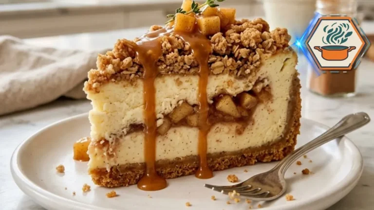 Apple Cinnamon Cheesecake Crunch Recipe 3 Slice of Apple Cinnamon Cheesecake Crunch on a white plate.