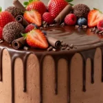 Berry Truffle Fudge Drip Cake with chocolate ganache, truffles, strawberries, raspberries and blueberries