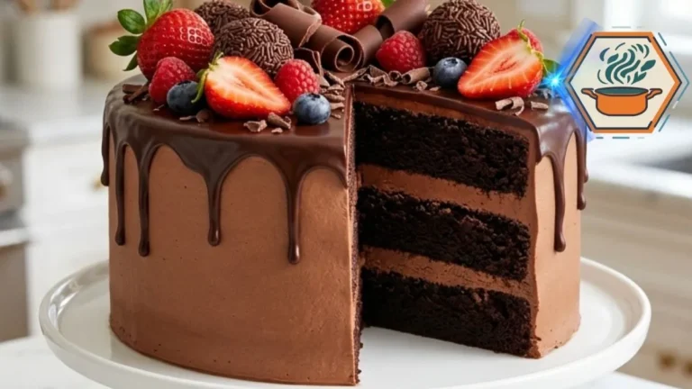 Whole Berry Truffle Fudge Drip Cake topped with fresh berries and chocolate truffles