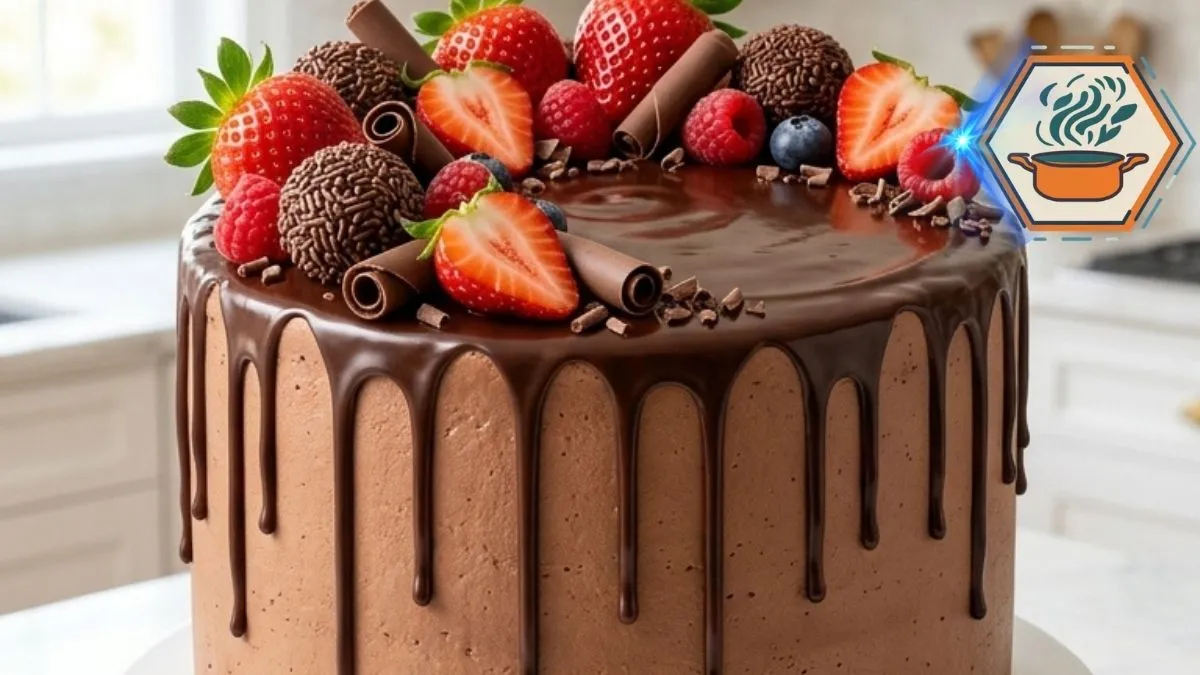 Berry Truffle Fudge Drip Cake with chocolate ganache, truffles, strawberries, raspberries and blueberries