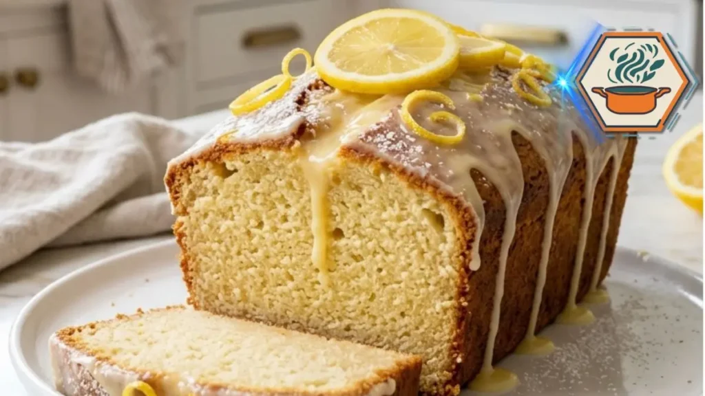 Best Lemon Yogurt Cake with lemon glaze on a white marble countertop