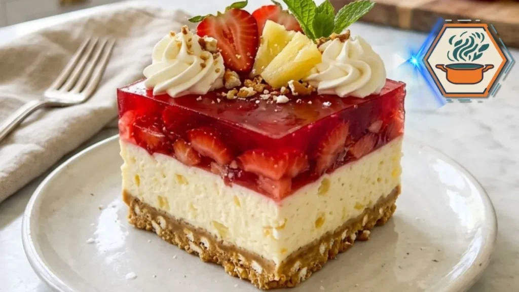 Strawberry Pineapple Pretzel Delight served on a white plate with creamy pineapple filling and strawberry topping.