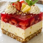 Strawberry Pineapple Pretzel Delight served on a white plate with creamy pineapple filling and strawberry topping.