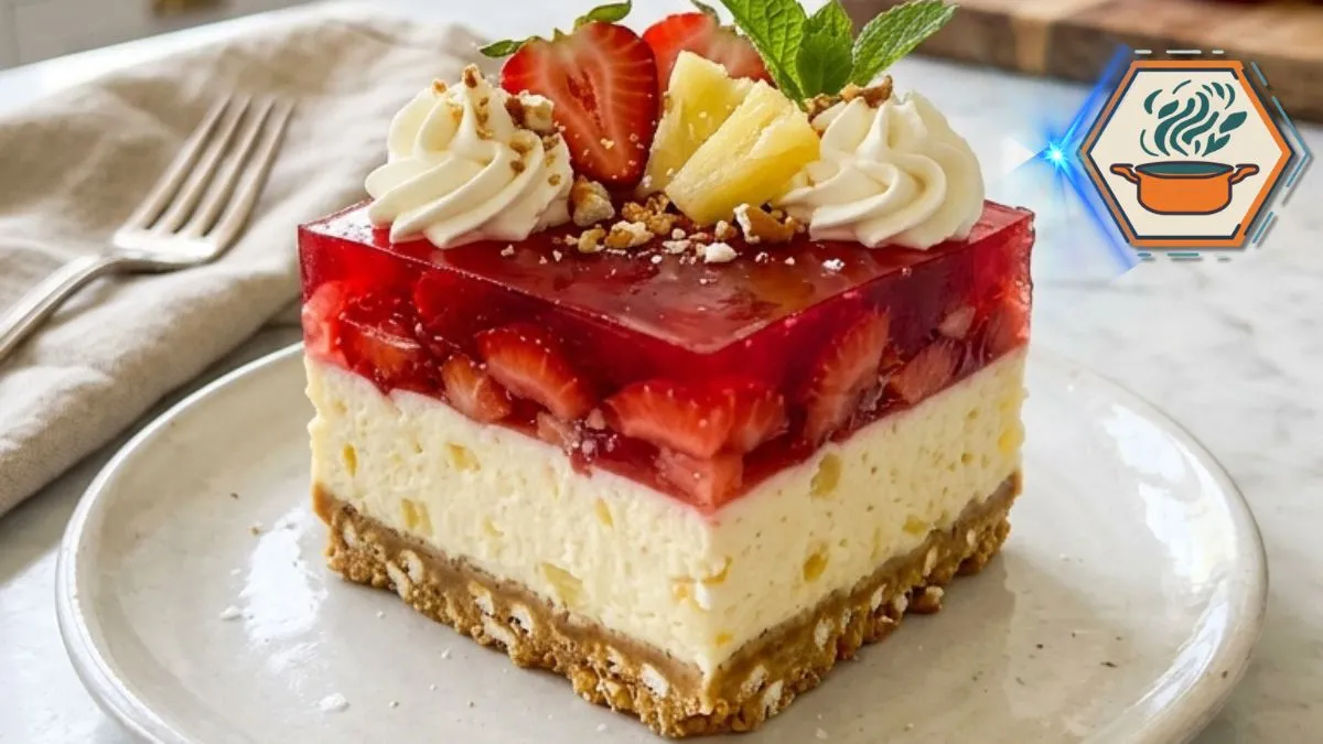Strawberry Pineapple Pretzel Delight Recipe 2 Strawberry Pineapple Pretzel Delight served on a white plate with creamy pineapple filling and strawberry topping.