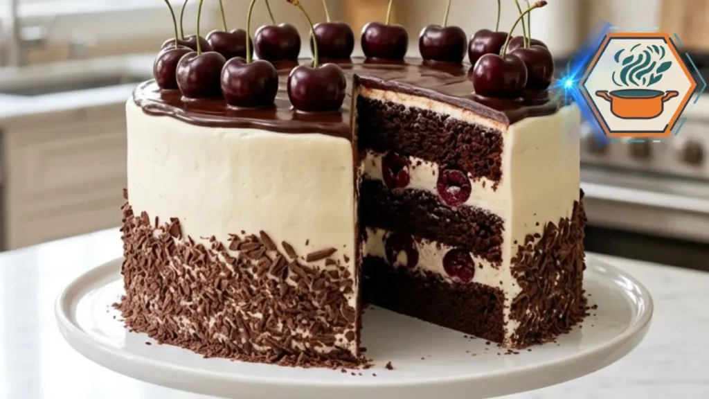 Black Forest Cherry Cream Layer Cake with chocolate sponge, vanilla cream, cherry filling, ganache, and fresh cherries