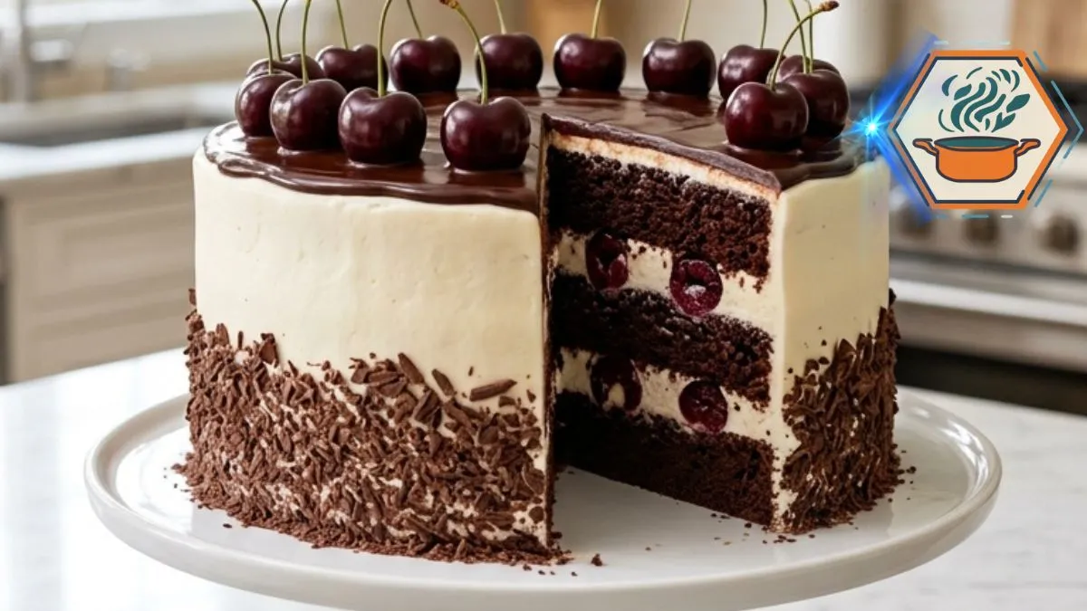 Black Forest Cherry Cream Layer Cake Recipe 2 Black Forest Cherry Cream Layer Cake with chocolate sponge, vanilla cream, cherry filling, ganache, and fresh cherries