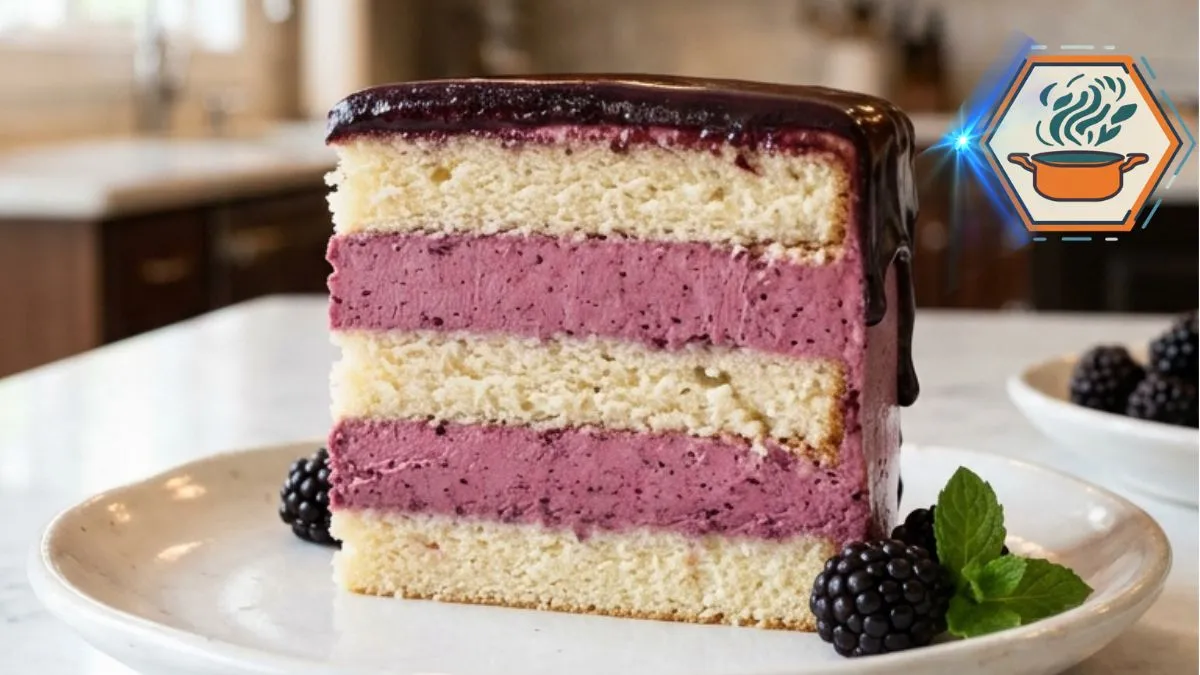 Blackberry Mousse Cake: Silky & Easy Berry Dessert 2 Blackberry Mousse Cake with vanilla layers and glossy blackberry chocolate topping