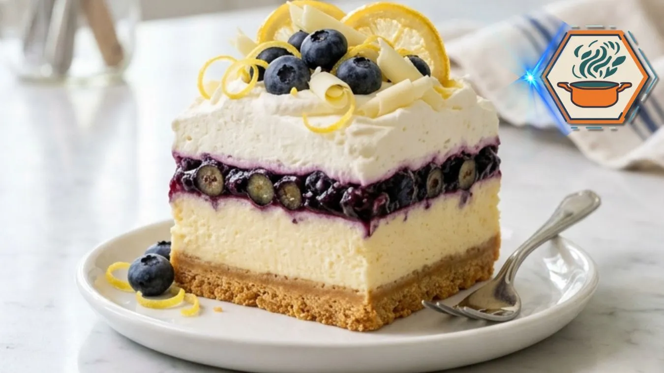Blueberry Lemon Cream Dream served on a white plate with whipped cream and fresh blueberries.