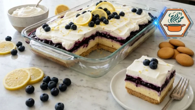 Whole Blueberry Lemon Cream Dream in glass baking dish.