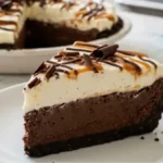 Caramel Ribbon Chocolate Cream Pie with chocolate crust, vanilla cream, caramel and chocolate drizzle