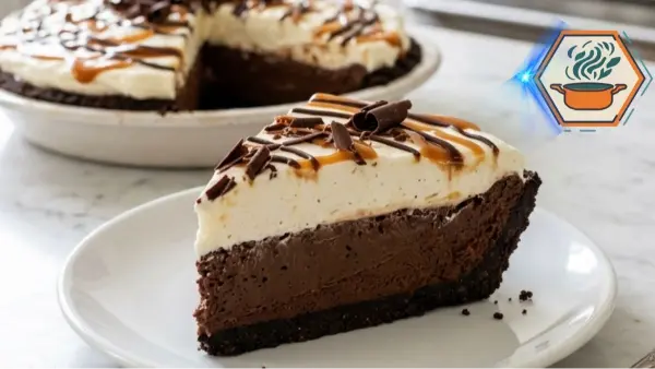 Caramel Ribbon Chocolate Cream Pie 2 Caramel Ribbon Chocolate Cream Pie with chocolate crust, vanilla cream, caramel and chocolate drizzle