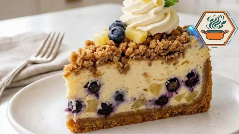 Pineapple Blueberry Crumble Cheesecake Recipe: The Ultimate Bakery-Style Dessert Everyone Will Love 3 Slice of Pineapple Blueberry Crumble Cheesecake with crumble topping.