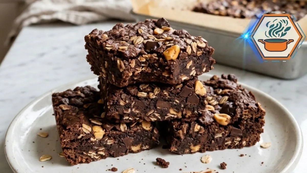 Chewy chocolate peanut butter oat bars with oats and dark chocolate in a baking pan