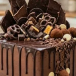Chocolate Avalanche Crunch Cake with ganache, chocolate bars and crunchy wafers on white marble