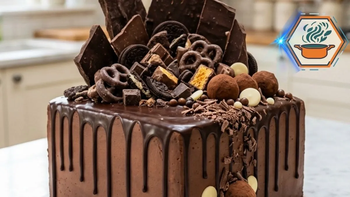 Chocolate Avalanche Crunch Cake 2 Chocolate Avalanche Crunch Cake with ganache, chocolate bars and crunchy wafers on white marble
