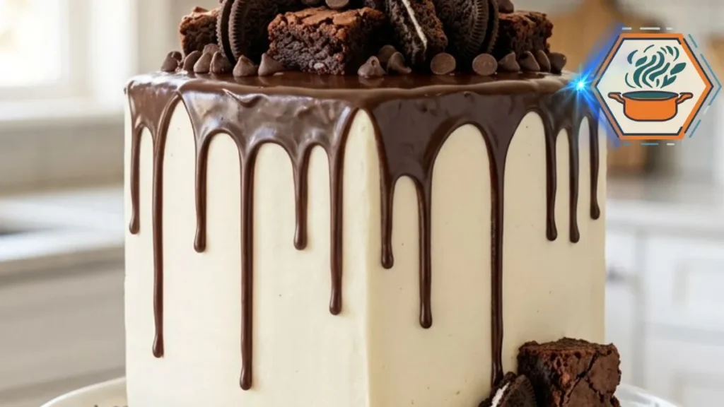 Chocolate Brownie Cookie Drip Cake with ganache, brownies and chocolate sandwich cookies