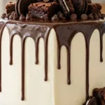 Chocolate Brownie Cookie Drip Cake with ganache, brownies and chocolate sandwich cookies
