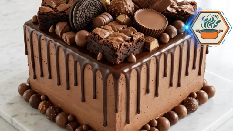 Ultimate Chocolate Brownie Overload Cake 3 Square chocolate brownie overload cake with glossy ganache and assorted chocolate toppings