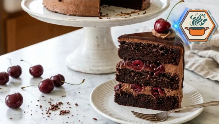 Slice of Chocolate Cake with Cherries showing moist chocolate layers