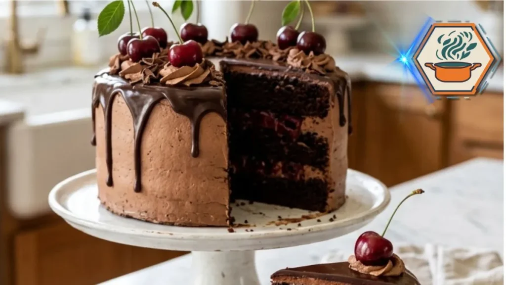 Chocolate Cake with Cherries topped with fresh cherries and rich chocolate ganache