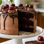 Chocolate Cake with Cherries topped with fresh cherries and rich chocolate ganache