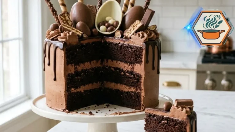 Chocolate Candy Crown Celebration Cake 3 Whole Chocolate Candy Crown Celebration Cake on a white marble counter