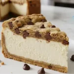 Chocolate Chip Cookie Cheesecake slice with creamy vanilla center and chocolate chip cookie layers